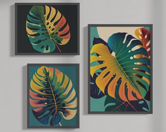 Stylish Monstera Leaf Prints 3 Set - Instant wall art digital download - 2X3, 3X4, 4X5, 11X14, ISO