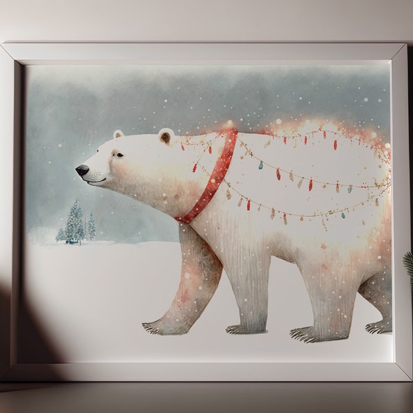 Printable Christmas Polar Bear art - Watercolor painting instant digital download - 2X3, 3X4, 4X5, 11X14, ISO Downloadable Decor