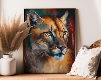 May include: A close-up painting of a cougar's face. The cougar has a golden brown coat with hints of blue and green. The background is a dark red and blue with gold accents.