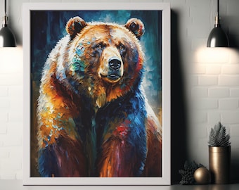 Può includere: Una stampa artistica incorniciata di un orso. L'orso è raffigurato con uno stile strutturato, colorato e impressionistico. L'opera presenta sfumature di marrone, arancione, blu e bianco, creando un'immagine vibrante e dettagliata.