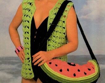 Crochet women's beach cover up and watermelon bag vintage 1980s PDF PATTERN ONLY