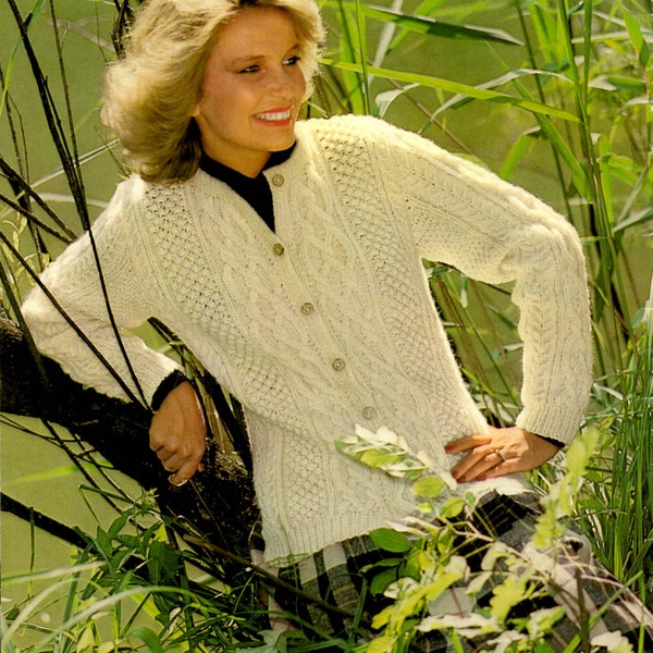 Fisherman Aran Raglan button up Knit Pullover woman sweater 1970s vintage PDF PATTERN ONLY