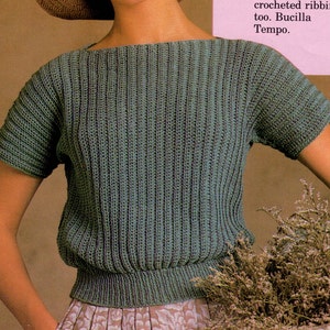 Crochet women's ribbed boatneck pullover sweater vintage 1980s PDF PATTERN ONLY image 1