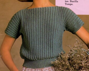 Crochet women's ribbed boatneck pullover sweater vintage 1980s PDF PATTERN ONLY