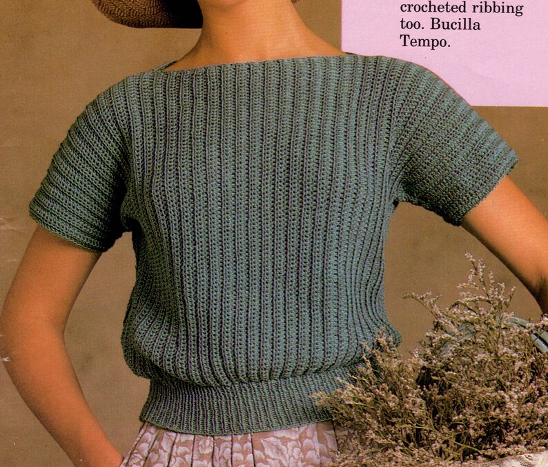 Crochet women's ribbed boatneck pullover sweater vintage 1980s PDF PATTERN ONLY image 1