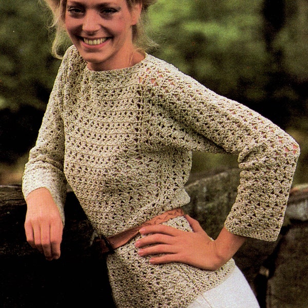 Crochet women's long sleeved pullover sweater vintage 1980s PDF PATTERN ONLY