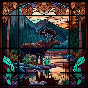 Moose by the River, Stained Glass with moose by the river Printable download PNG files image 5