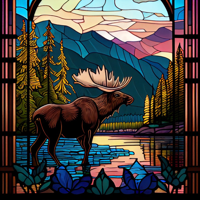 Moose by the River, Stained Glass with moose by the river Printable download PNG files image 3