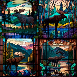 Moose by the River, Stained Glass with moose by the river Printable download PNG files image 1