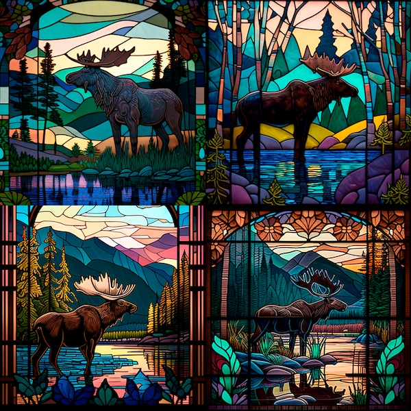 Moose by the River, Stained Glass with moose by the river Printable download PNG files