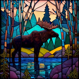 Moose by the River, Stained Glass with moose by the river Printable download PNG files image 4