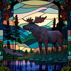 Moose by the River, Stained Glass with moose by the river Printable download PNG files image 2