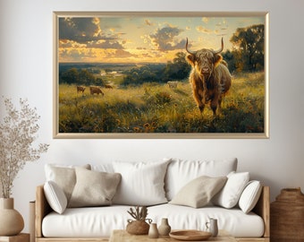 Frame TV Art | Highland Cow in field Instant Download | Art TV File  Highland Cow Art | Vintage Frame TV Decor | Country Home Decoration