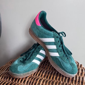 adidas gazelle silver green womens Adidas x Gucci Gazelle Sneaker in Pink Suede with Black Stripes and Gr –  Hollo Shoe main image 1