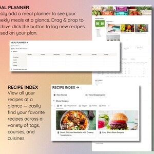 May include: A digital meal planner and recipe index interface. The meal planner section displays a weekly schedule. The recipe index shows various recipes, including Greek Chicken Meatballs and Easy Black Bean Burgers. Text includes "MEAL PLANNER" and "RECIPE INDEX."