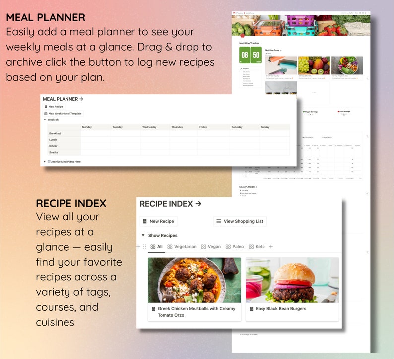 May include: A digital meal planner and recipe index interface. The meal planner section displays a weekly schedule. The recipe index shows various recipes, including Greek Chicken Meatballs and Easy Black Bean Burgers. Text includes "MEAL PLANNER" and "RECIPE INDEX."
