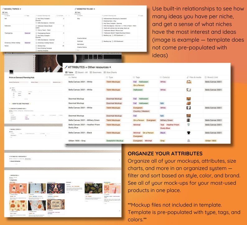 May include: A screenshot of a computer screen displaying a spreadsheet with a list of product attributes, including product type, tags, and colours. The spreadsheet is organised by product type, such as t-shirt mockups, doormat mockups, and sweatshirt mockups. The spreadsheet also includes a column for brand, size, and colour. The text "Organise Your Attributes" is at the top of the screen.