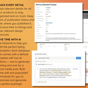 May include: A screenshot of a Notion workspace with a section titled "Print on Demand Tracker" and a section titled "Generate Etsy Listing". The workspace includes a checklist with fields for "Niche", "Planned Date", "Published Date", "Related to Other", "SEO/Keywords", "Type", "POD Partner", "Files", "$$$", "Listing", "Description on Etsy", and "Canva Link". The "Generate Etsy Listing" section includes a button to generate an Etsy listing description.