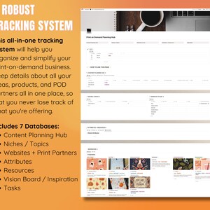 May include: A screenshot of a computer screen showing a website with a table and a list of features. The website is titled "Print on Demand Planning Hub". The list of features includes "Content Planning Hub", "Niches / Topics", "Websites + Print Partners", "Attributes", "Resources", "Vision Board / Inspiration", and "Tasks".