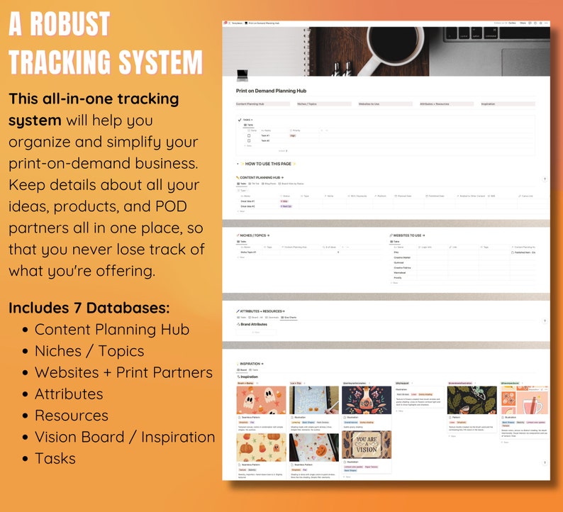 May include: A screenshot of a computer screen showing a website with a table and a list of features. The website is titled "Print on Demand Planning Hub". The list of features includes "Content Planning Hub", "Niches / Topics", "Websites + Print Partners", "Attributes", "Resources", "Vision Board / Inspiration", and "Tasks".