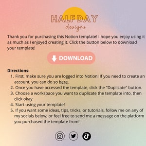 May include: A digital template design with a gradient background in pink and yellow. The text "HALF DAY designs" is at the top. Instructions and a download button are included. Social media icons are at the bottom.