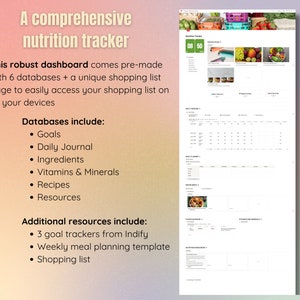 May include: A comprehensive nutrition tracker dashboard with a shopping list feature. The dashboard includes databases for goals, daily journals, ingredients, vitamins, recipes, and resources. Additional resources include goal trackers and a weekly meal planning template.