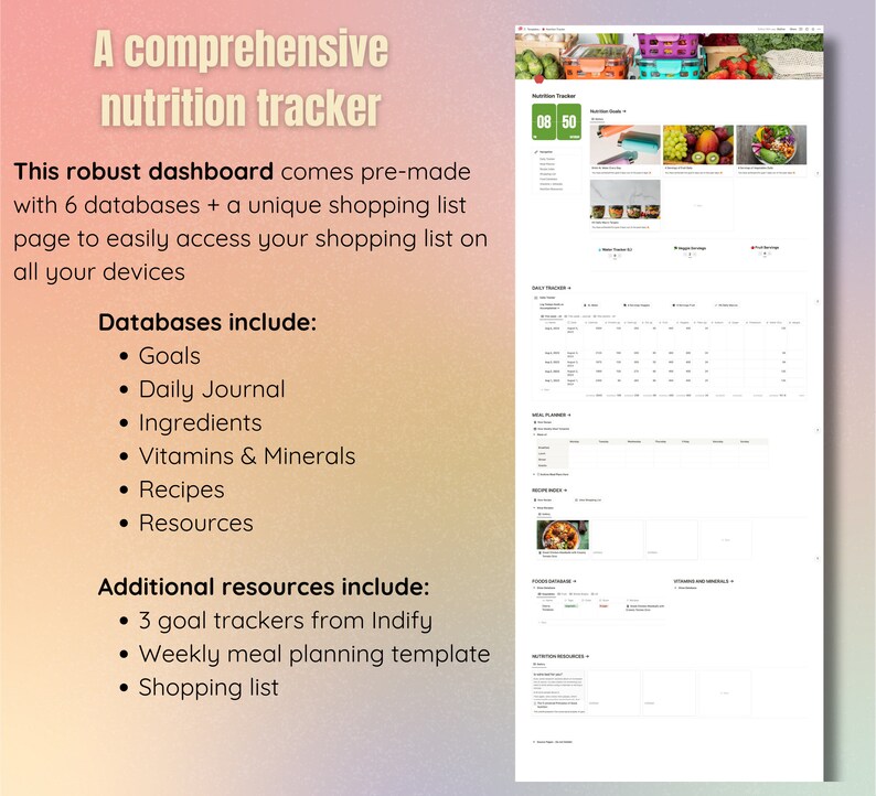 May include: A comprehensive nutrition tracker dashboard with a shopping list feature. The dashboard includes databases for goals, daily journals, ingredients, vitamins, recipes, and resources. Additional resources include goal trackers and a weekly meal planning template.