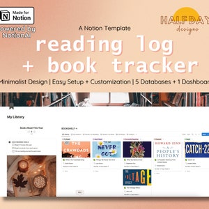 May include: A screenshot of a Notion template for a reading log and book tracker. The template features a minimalist design with a bookshelf section displaying book covers and a library section with reading goals and a list of books read this year.