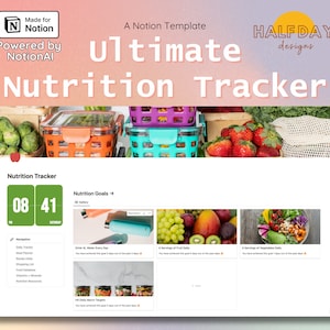 May include: A digital Notion template titled "Ultimate Nutrition Tracker" with a gradient background. The image includes containers of fresh produce, a digital clock, and a section for nutrition goals. The template is designed for tracking daily nutrition.