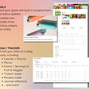 May include: A digital interface with goal tracking and daily tracker features. The interface includes progress bars, status updates, and tracking widgets. The image also shows colorful water bottles and the text "Drink 4L Water Every Day".