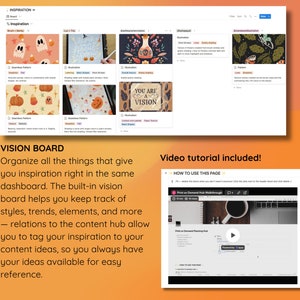 May include: A screenshot of a website featuring a vision board for inspiration. The vision board is divided into sections with different categories, such as "seamless pattern", "illustration", and "lines & patterns". Each section displays a range of images relevant to the category. The website also includes a video tutorial explaining how to use the vision board.