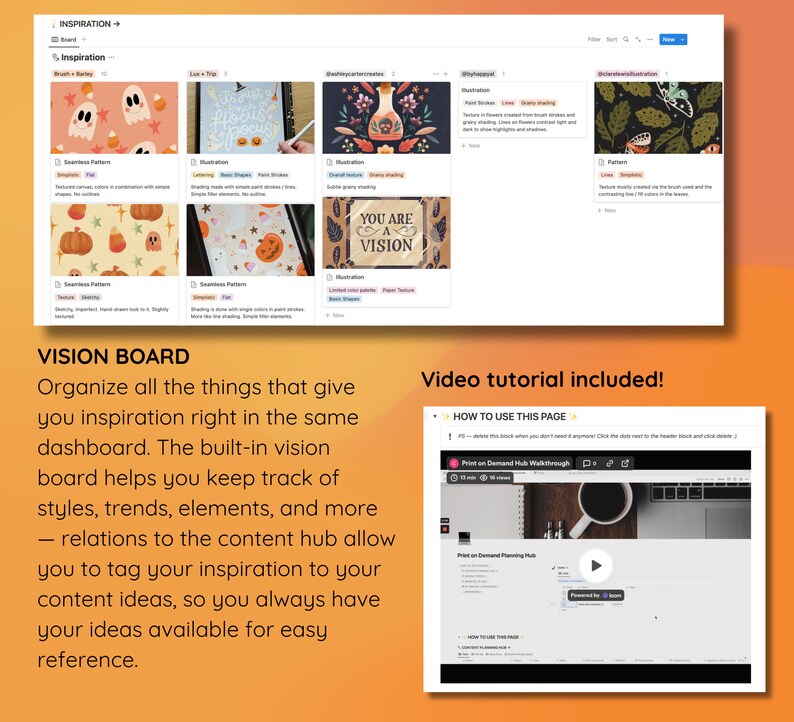 May include: A screenshot of a website featuring a vision board for inspiration. The vision board is divided into sections with different categories, such as "seamless pattern", "illustration", and "lines & patterns". Each section displays a range of images relevant to the category. The website also includes a video tutorial explaining how to use the vision board.