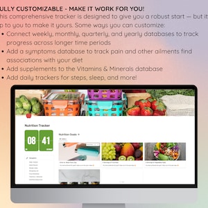 May include: A computer monitor displays a "Nutrition Tracker" interface with a green and white digital clock. The screen shows a variety of colorful images of fruits and vegetables. The text at the top reads "FULLY CUSTOMIZABLE - MAKE IT WORK FOR YOU!"