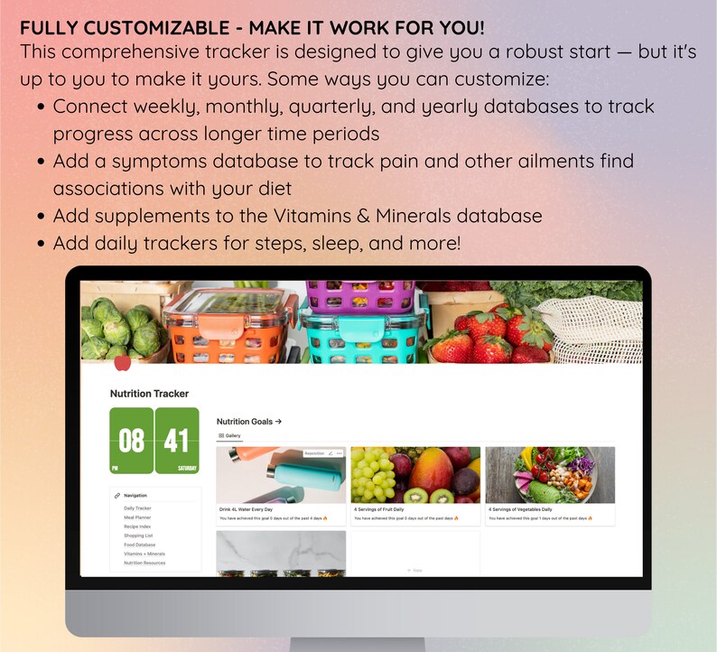May include: A computer monitor displays a "Nutrition Tracker" interface with a green and white digital clock. The screen shows a variety of colorful images of fruits and vegetables. The text at the top reads "FULLY CUSTOMIZABLE - MAKE IT WORK FOR YOU!"