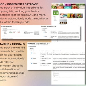 May include: A digital interface displays a food and ingredients database, with sections for vitamins, minerals, and nutritional information. The text reads "FOOD / INGREDIENTS DATABASE" and "VITAMINS + MINERALS". The interface includes tables and lists of foods and their nutritional values.