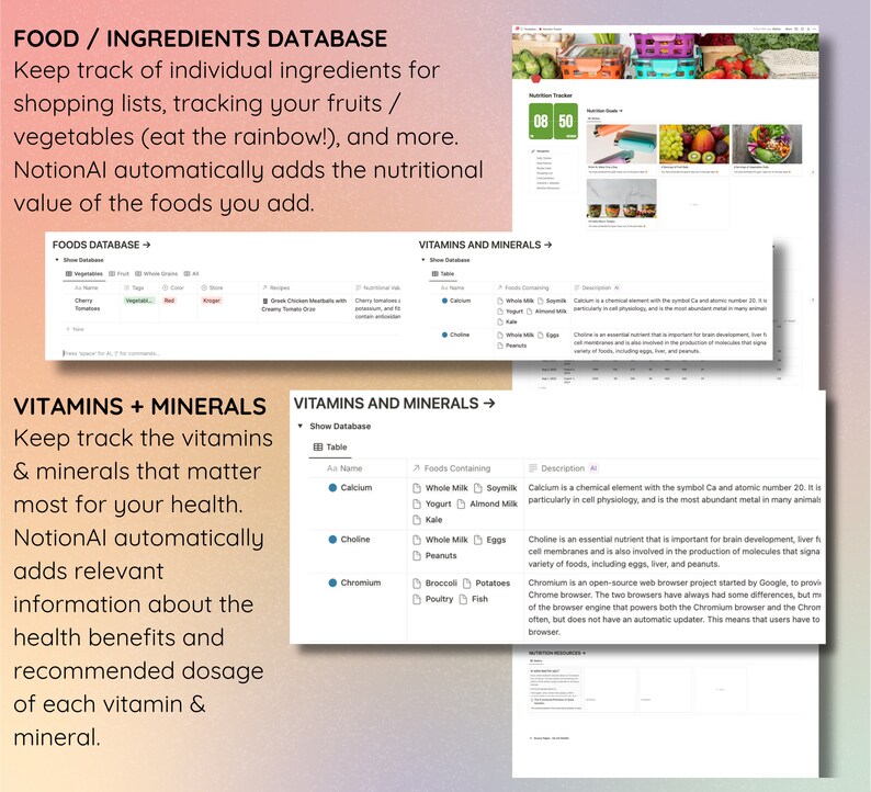 May include: A digital interface displays a food and ingredients database, with sections for vitamins, minerals, and nutritional information. The text reads "FOOD / INGREDIENTS DATABASE" and "VITAMINS + MINERALS". The interface includes tables and lists of foods and their nutritional values.