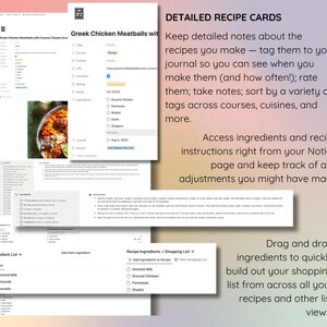 May include: Digital recipe cards with detailed notes, tags, and ingredient lists. The cards feature a recipe for Greek Chicken Meatballs, with options to add new ingredients and build a shopping list. Text on the cards reads "DETAILED RECIPE CARDS".