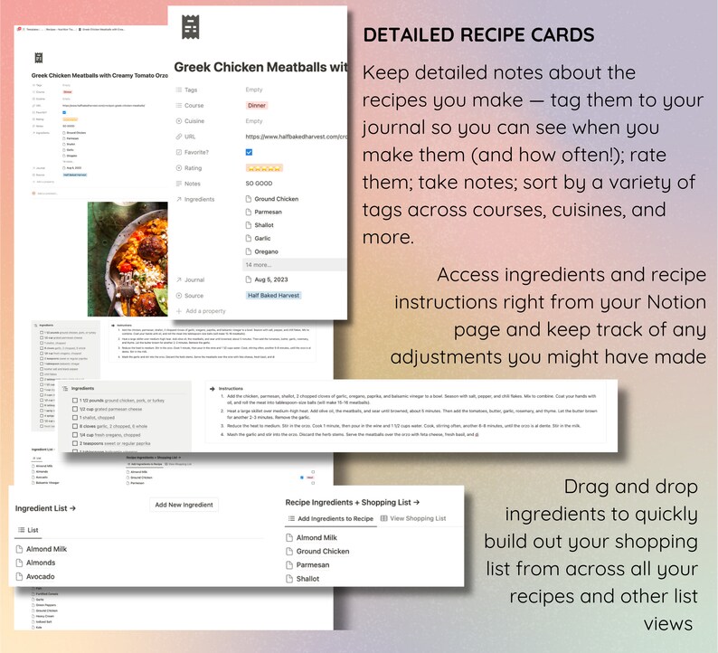 May include: Digital recipe cards with detailed notes, tags, and ingredient lists. The cards feature a recipe for Greek Chicken Meatballs, with options to add new ingredients and build a shopping list. Text on the cards reads "DETAILED RECIPE CARDS".