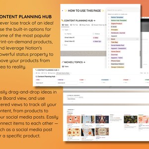 May include: A screenshot of a Notion workspace displaying a content planning hub. The hub is structured as a table with columns for "Type", "Aa Name", and "Status". The table is used to track ideas for various content types, such as blog posts, social media posts, and digital products. The screenshot also shows a drop-down menu with a list of different product types, such as "Notion Template", "Digital Product", and "E-book".