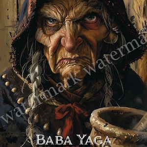 May include: A close-up portrait of Baba Yaga, a mythical figure from Slavic folklore. She is depicted as an old woman with a stern expression, wearing a dark blue hooded cloak and a red scarf. She is holding a large wooden mortar in her right hand.