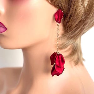 Long Red earrings, Dangle drop earrings, Long green earrings, Oversize flower statement earrings, Lightweight gold earrings, Gift for her