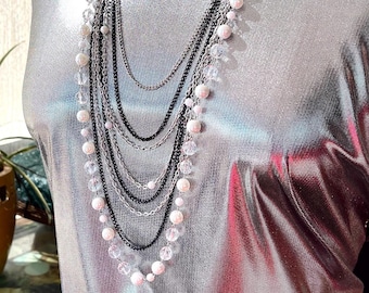 Multi-strand silver and black chain necklace, Statement white pearl necklace, Long necklace, Boho necklace, Gift for women.