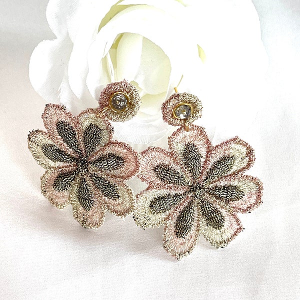Beige-bronze lightweight lace earrings with crystal beads, Beautiful french silk lace textile earrings, Boho style earrings, Gift earrings