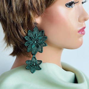 Dark green lace earrings, French Lace Earrings, Statement  earrings, Flower earrings, Lightweight earrings, Green earrings, Gifts for her