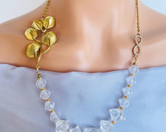 Statement Acrylic Transparent Beaded Necklace, Gold Leaf Accent