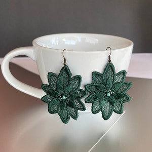 Statement earrings, Dark green lace earrings, Elegant lace earrings, Statement earrings, Gold earrings, Flower lace earrings, Gifts for her