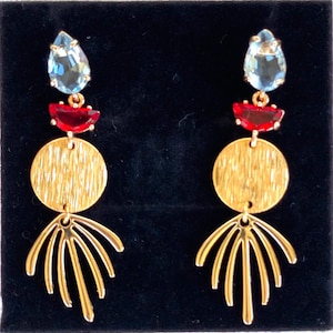 Gold statement earrings, Geometric bridesmaid earrings, Lightweight earrings, Blue red crystal  earrings,Unique zircon earrings,Gift for her