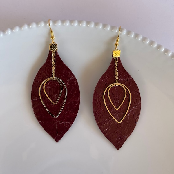 Burgundy Leather Leaf Earrings - Leather Petal Earrings with Gold Chain and Gold details - Lightweight Bohemian Dangle Drop Earrings - Gift