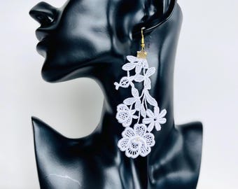 Wedding earrings, White flower lace earrings, Lightweight textile earrings, French cotton lace earrings, Statement long dangle-drop earrings