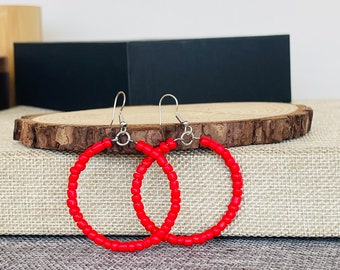 Red Hoop Earrings Silver Circle Earrings Dangle Earrings  Party Hoops Earrings  Red Hoops Boho necklace Statement Price Great gift for her